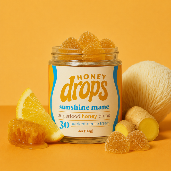 Lemon ginger honey gummies with mushroom, ginger, and lemon on a yellow background.
